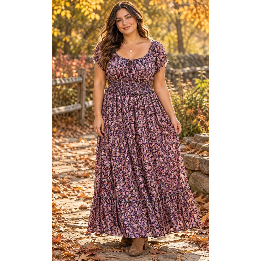 Old Navy XL Purple Floral Smocked Waist Tiered Maxi Dress Boho EE35